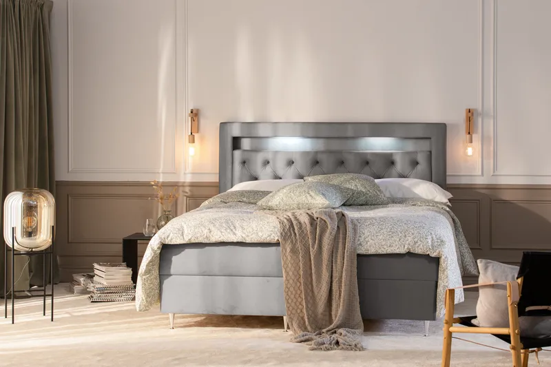 Säilytyssänky Alessia LED-valaistuksella 160x200 cm Sametti - Vaaleanharmaa - Huonekalut - Sänky - Sänkypaketti