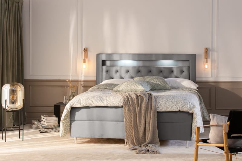 Säilytyssänky Alessia LED-valaistuksella 160x200 cm Sametti - Vaaleanharmaa - Huonekalut - Sänky - Sänkypaketti