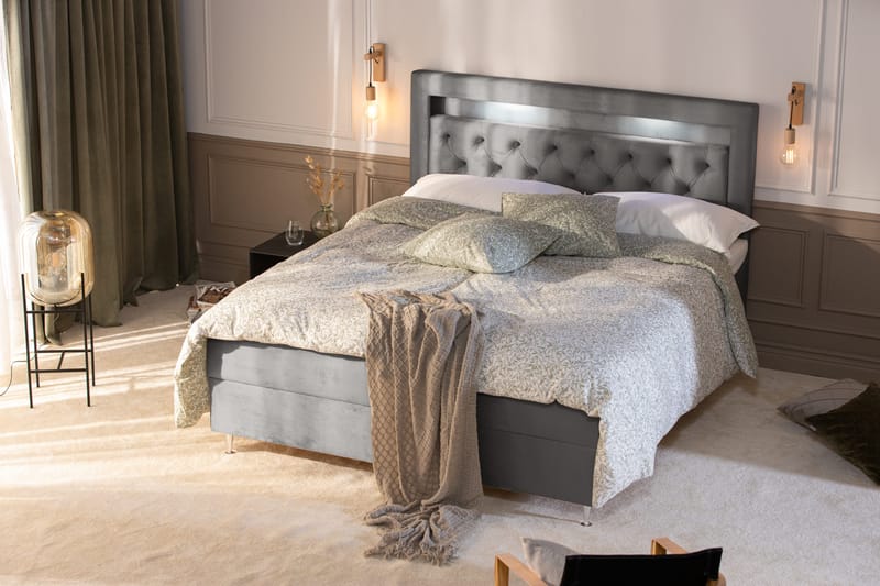 Säilytyssänky Alessia LED-valaistuksella 160x200 cm Sametti - Vaaleanharmaa - Huonekalut - Sänky - Sänkypaketti