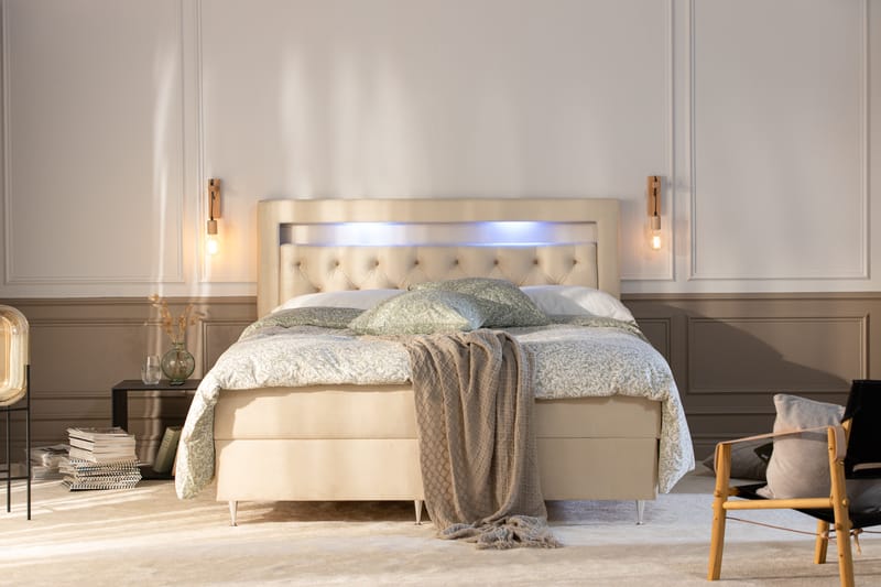 Säilytyssänky Monopoli LED-valaistuksella 160x200 cm Sametti - Beige - Huonekalut - Sänky - Sänkypaketti