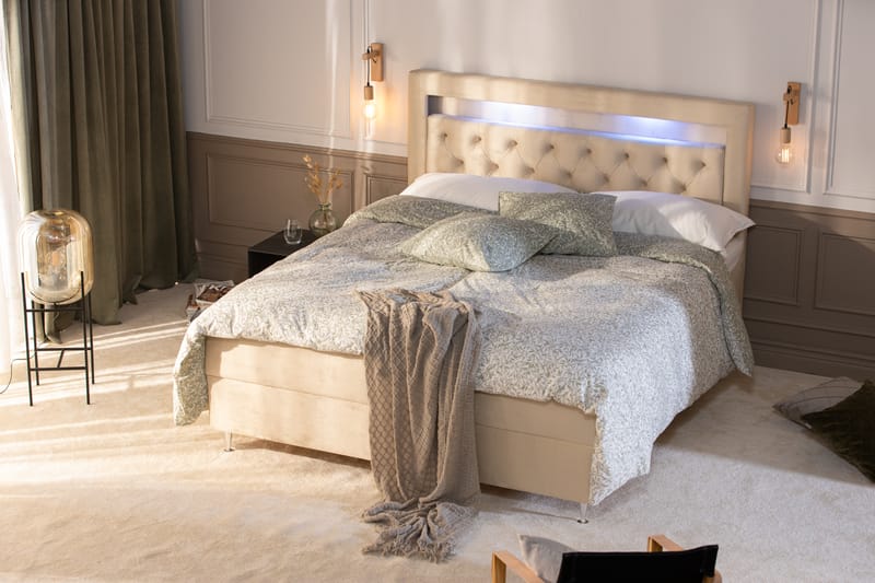 Säilytyssänky Monopoli LED-valaistuksella 160x200 cm Sametti - Beige - Huonekalut - Sänky - Sänkypaketti