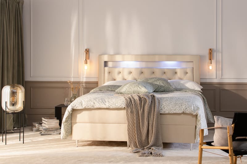 Säilytyssänky Monopoli LED-valaistuksella 160x200 cm Sametti - Beige - Huonekalut - Sänky - Sänkypaketti