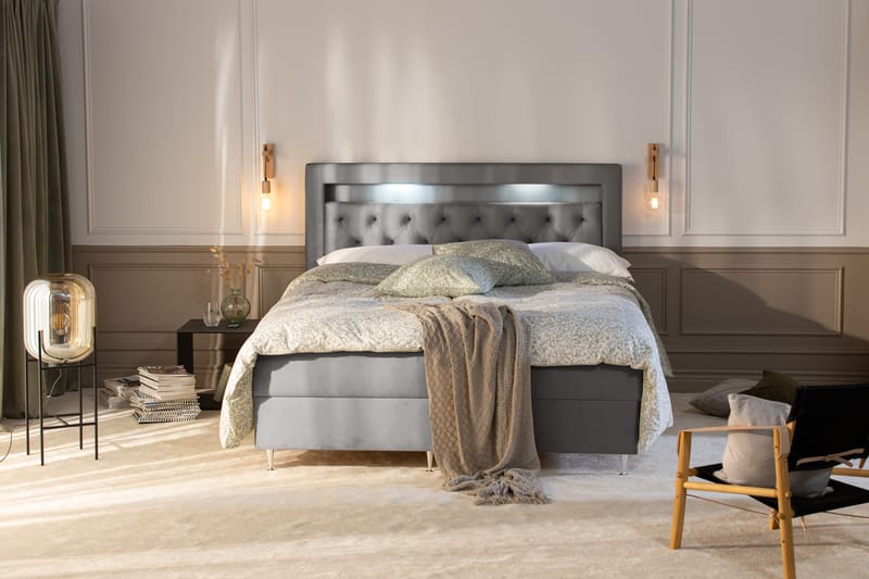 Säilytyssänky Monopoli LED-valaistuksella 160x200 cm Sametti - Vaaleanharmaa - Huonekalut - Sänky - Sänkypaketti