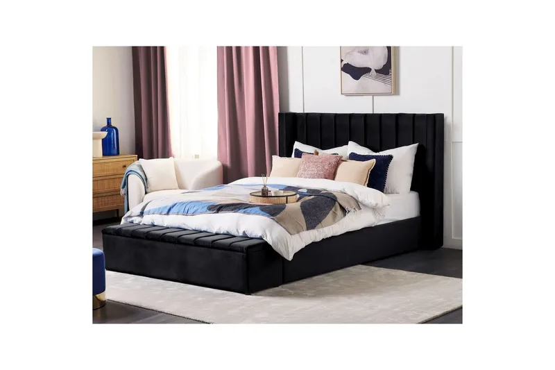 Säng med förvaringsbänk Beliani Noyers Beige, 160x200 cm Black 180x200 - Huonekalut - Sänky - Vesisänky