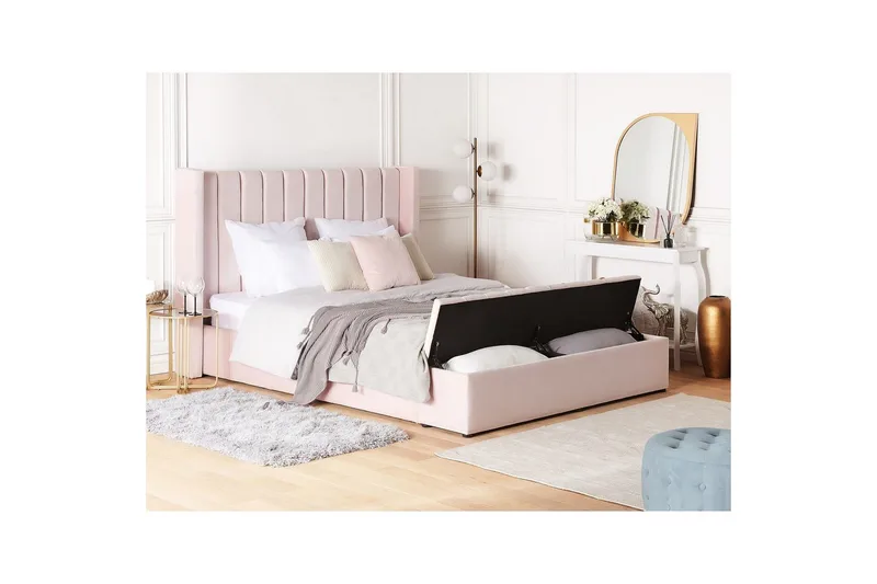 Säng med förvaringsbänk Beliani Noyers Beige, 160x200 cm Rose 180x200 - Huonekalut - Sänky - Vesisänky