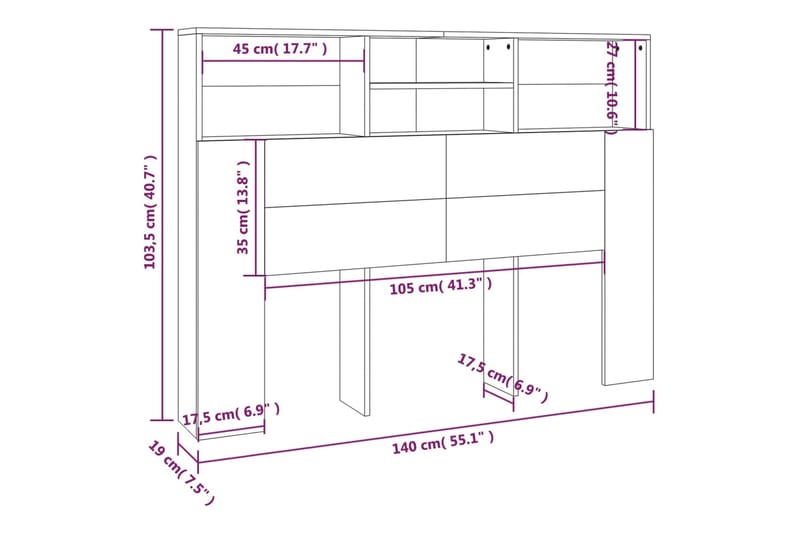 beBasic Sängynpääty säilytystilalla betoninharmaa 140x19x103,5 cm - Harmaa - Sängynpääty