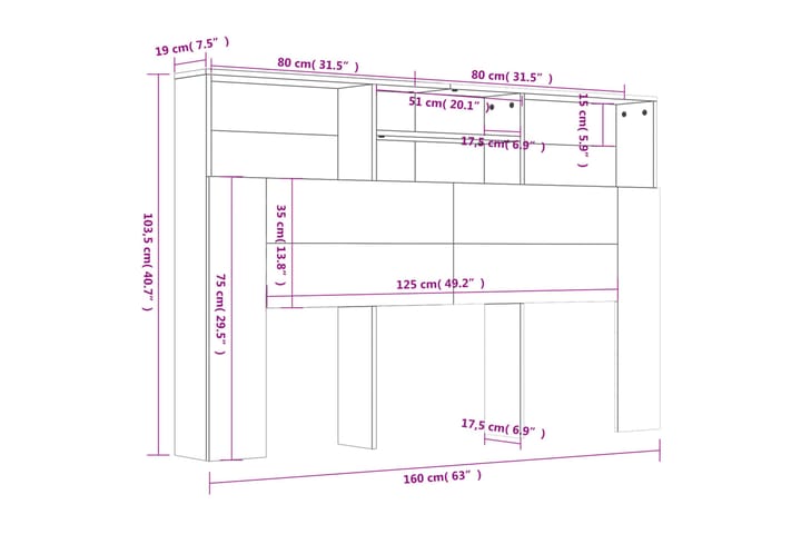 beBasic Sängynpääty säilytystilalla betoninharmaa 160x19x103,5 cm - Harmaa - Sängynpääty