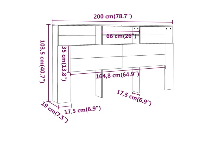 beBasic Sängynpääty säilytystilalla betoninharmaa 200x19x103,5 cm - Harmaa - Sängynpääty