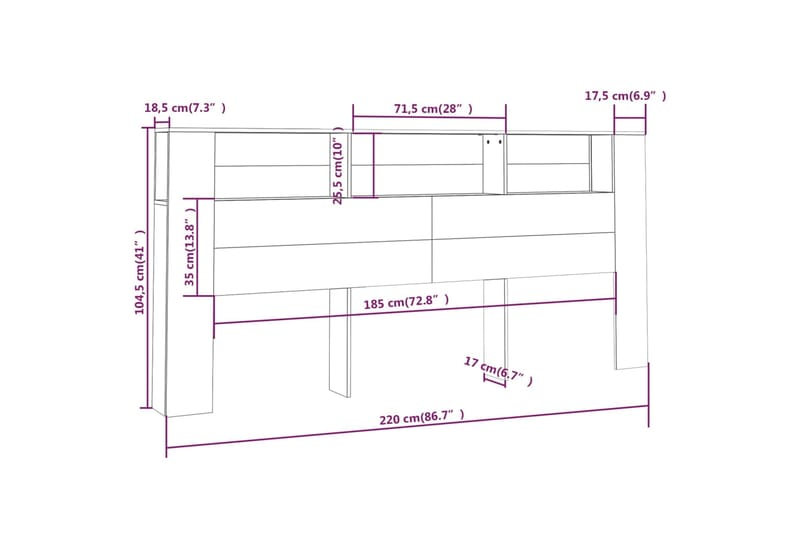 beBasic Sängynpääty säilytystilalla betoninharmaa 220x18,5x104,5 cm - Harmaa - Sängynpääty