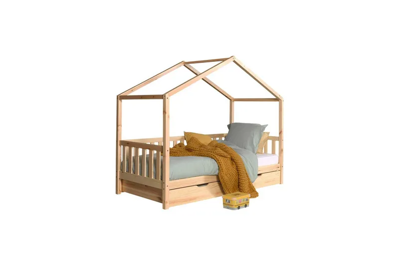 Talon muotoinen sänky, jossa laatikko Dallas 90x200 cm Luonnollinen, Aitaus mukana, Luonnollinen, Aitaus mukana