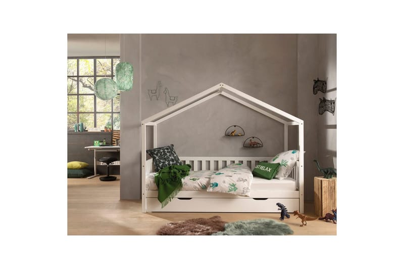 Talon muotoinen sänky, jossa laatikko Dallas 90x200 cm Valkoinen, Aitaus mukana - Valkoinen, Aitaus mukana - Huonekalut - Sänky - Sängyn lisävarusteet & sängynpäädyt - Makuuhuoneen säilytys