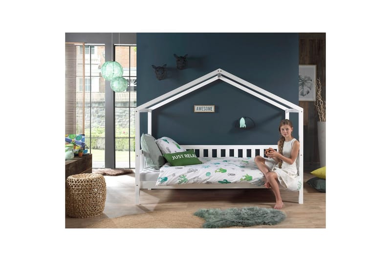 Talon muotoinen sänky, jossa laatikko Dallas 90x200 cm Valkoinen, Aitaus mukana - Valkoinen, Aitaus mukana - Huonekalut - Sänky - Sängyn lisävarusteet & sängynpäädyt - Makuuhuoneen säilytys