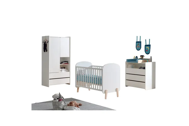Vauvansänky ja lipasto hoitopäällisellä ja vaatekaappi Kiddy 2-ovinen, 2-ovinen