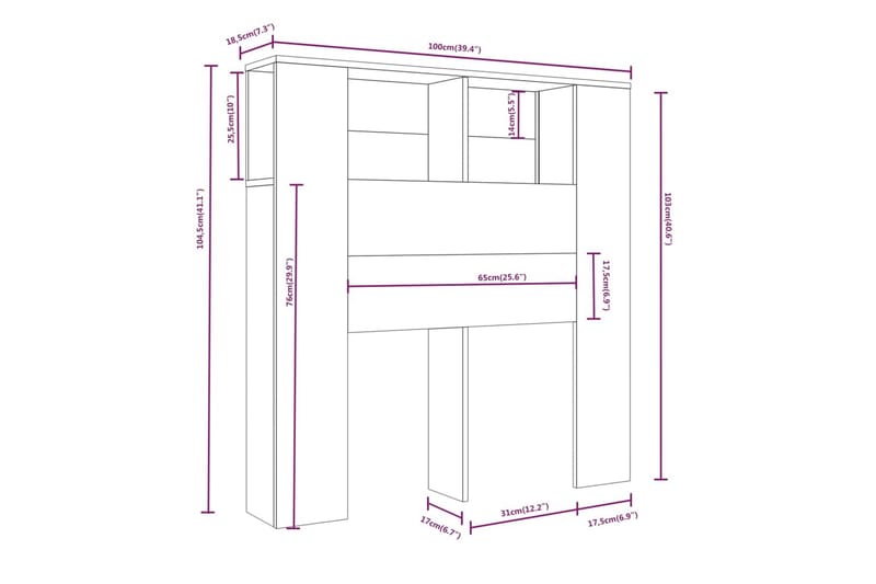 Sängynpääty säilytystilalla betoninharmaa 100x18,5x104,5 cm - Harmaa - Sängynpääty