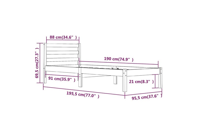 Sängynrunko täysi mänty 90x190 cm valkoinen 3FT Single - Valkoinen - Huonekalut - Sänky - Sänkykehikot & sängynrungot
