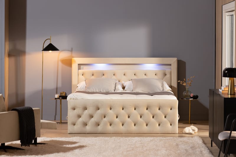 Altaneira Täydellinen Sänkypaketti laatikkosäilytyksellä LED-valaistus 160x200 - Beige - Huonekalut - Sänky - Sängyt säilytystilalla