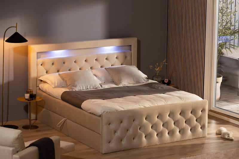 Altaneira Täydellinen Sänkypaketti nostosäilytyksellä LED-valaistus 160x200 - Beige - Huonekalut - Sänky - Sängyt säilytystilalla