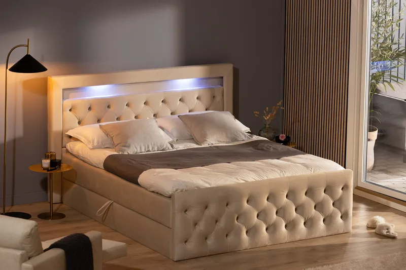 Altaneira Täydellinen Sänkypaketti nostosäilytyksellä LED-valaistus 180x200 - Beige - Huonekalut - Sänky - Sängyt säilytystilalla