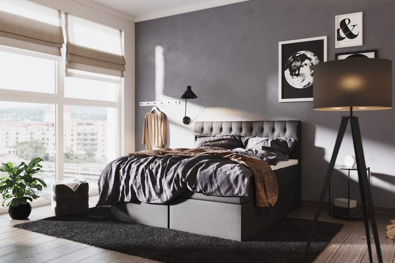 Boxy sänky säilytyksellä 160x200 cm kangasta petauspatjalla kovuusaste kova - Musta - Huonekalut - Sänky - Sängyt säilytystilalla