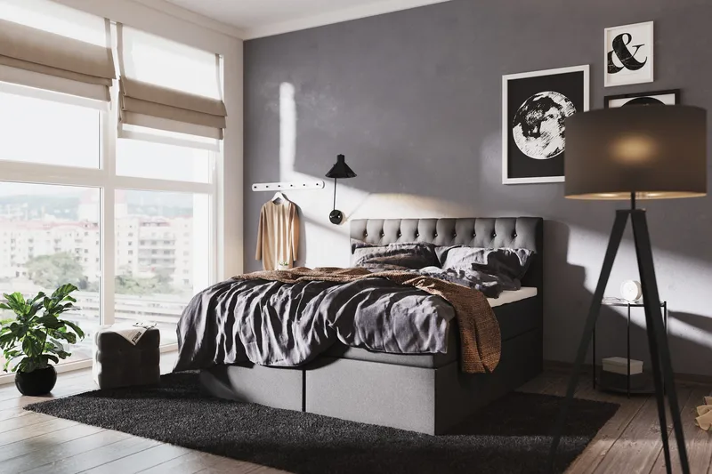 Boxy sänkypaketti 160x200 cm kangasta sängynpäädyllä + petauspatja kovuusaste kova - Musta - Huonekalut - Sänky - Sängyt säilytystilalla