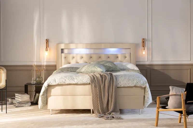 Säilytyssänky Alessia LED-valaistuksella 180x200 cm Sametti - Beige - Huonekalut - Sänky - Sängyt säilytystilalla