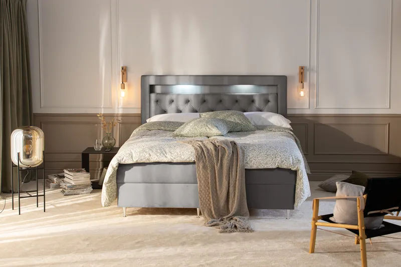 Säilytyssänky Alessia LED-valaistuksella 180x200 cm Sametti - Vaaleanharmaa - Huonekalut - Sänky - Sängyt säilytystilalla