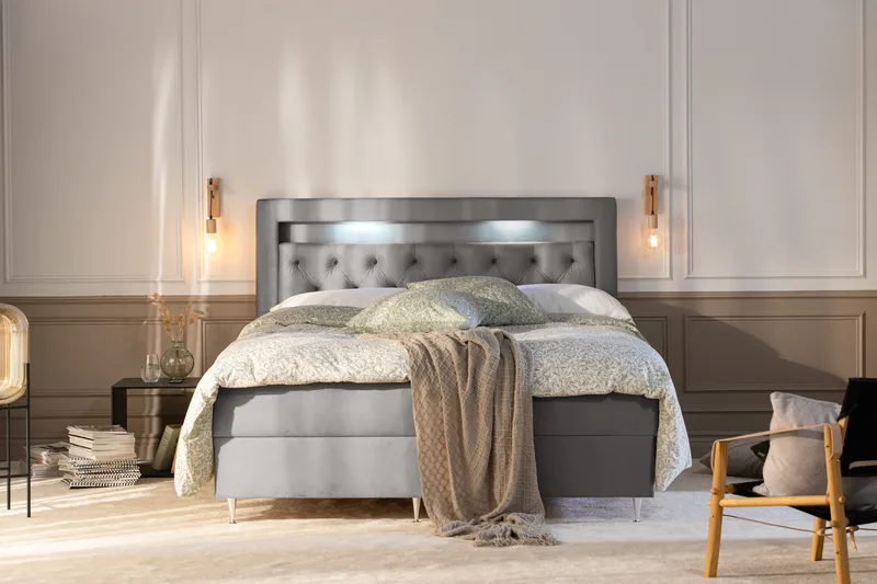 Säilytyssänky Alessia LED-valaistuksella 180x200 cm Sametti - Vaaleanharmaa - Huonekalut - Sänky - Sängyt säilytystilalla