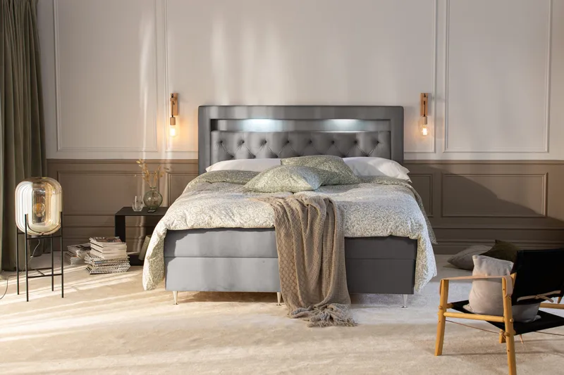 Säilytyssänky Alessia LED-valaistuksella 180x200 cm Sametti - Vaaleanharmaa - Huonekalut - Sänky - Sängyt säilytystilalla