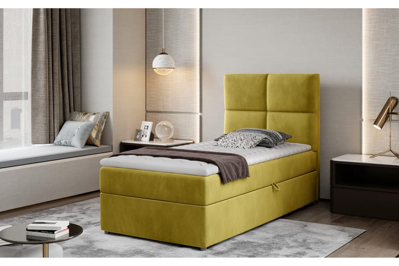 Säilytyssänky Lomagna 90x200 cm Ruudullinen - Keltainen - Huonekalut - Sänky - Sängyt säilytystilalla - Parisänky säilytystilalla
