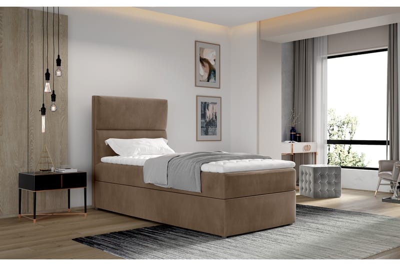 Säilytyssänky Lomagna 90x200 cm Pystyommel - Vaaleanruskea - Huonekalut - Sänky - Sängyt säilytystilalla - Parisänky säilytystilalla