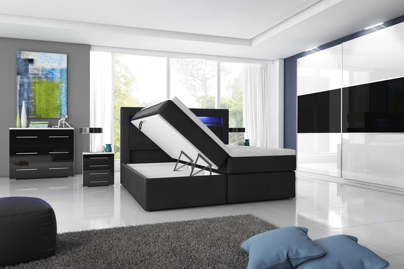 Sänkypaketti Pisa 180x200 säilytyksellä Pikeerattu Pääty - Musta - Huonekalut - Sänky - Sängyt säilytystilalla