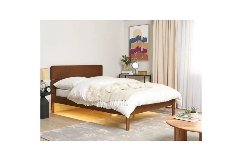 Sänky LED-valaistuksella Boisset - Ruskea/Kumipuu, 140x200 cm - Huonekalut - Sänky - Sänkykehikot & sängynrungot