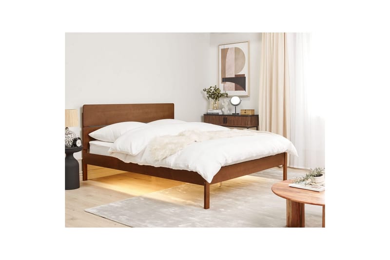 Sänky LED-valaistuksella Boisset - Ruskea/Kumipuu, 160x200 cm - Huonekalut - Sänky - Sänkykehikot & sängynrungot