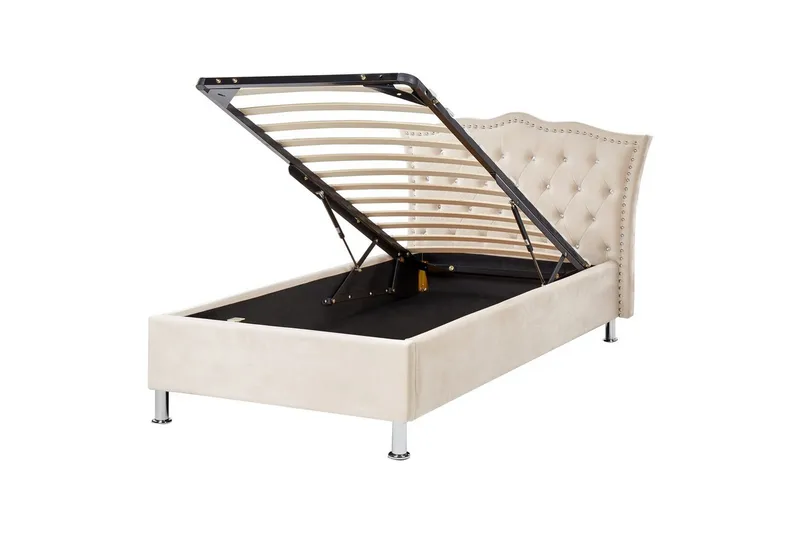 Sänky säilytystilalla Metz - Beige, Hopea/Sametti, Beige, hopea/sametti, 90x200 cm - Huonekalut - Sänky - Sänkykehikot & sängynrungot
