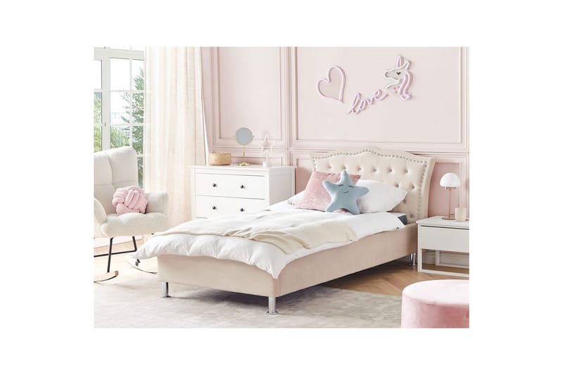 Sänky säilytystilalla Metz - Beige, Hopea/Sametti, Beige, hopea/sametti, 90x200 cm - Huonekalut - Sänky - Sänkykehikot & sängynrungot