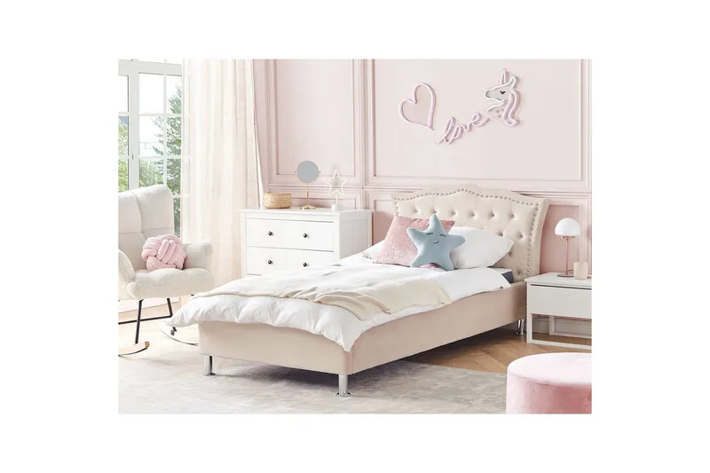 Sänky säilytystilalla Metz - Beige, Hopea/Sametti, Beige, hopea/sametti, 90x200 cm - Huonekalut - Sänky - Sänkykehikot & sängynrungot