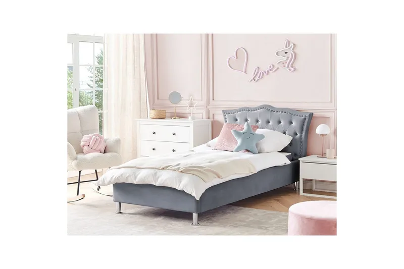 Sänky säilytystilalla Metz - Harmaa, Hopea/Sametti, Harmaa, hopea/sametti, 90x200 cm - Huonekalut - Sänky - Sänkykehikot & sängynrungot