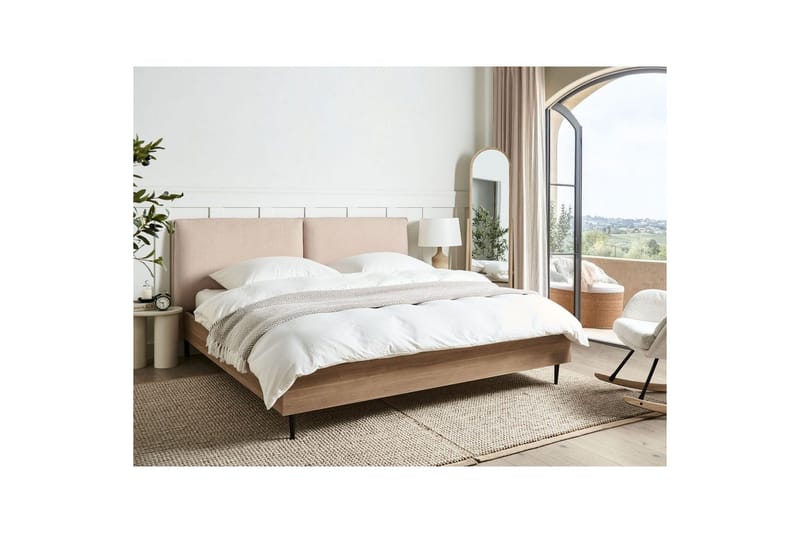 Sänky sälepohjalla Limanton - Beige, vaalea puu, musta/Bouclé, 180x200 cm - Huonekalut - Sänky - Sänkykehikot & sängynrungot