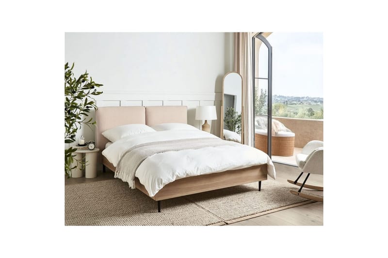 Sänky sälepohjalla Limanton - Beige, vaalea puu, musta/Bouclé, 140x200 cm - Huonekalut - Sänky - Sänkykehikot & sängynrungot