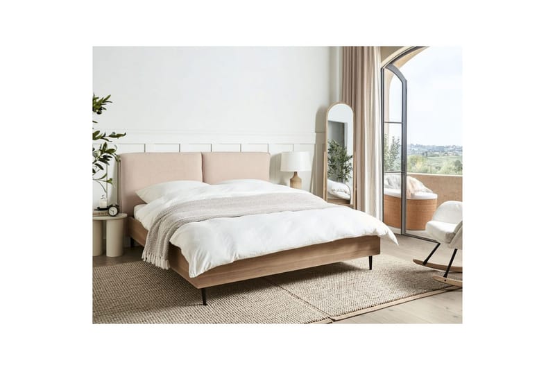 Sänky sälepohjalla Limanton - Beige, vaalea puu, musta/Bouclé, 160x200 cm - Huonekalut - Sänky - Sänkykehikot & sängynrungot