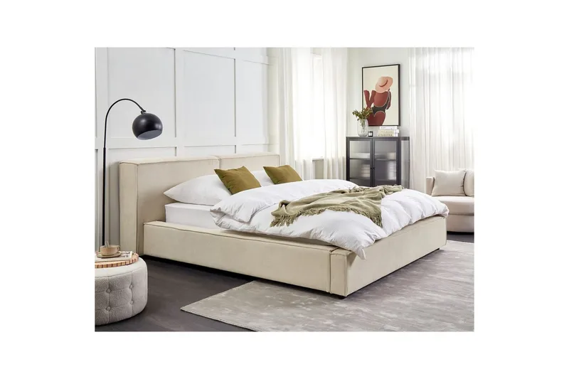Sänky sälepohjalla Linards - Beige/manchesterkangas, Beige/Manchesterkangas, 160x200 cm - Huonekalut - Sänky - Sänkykehikot & sängynrungot