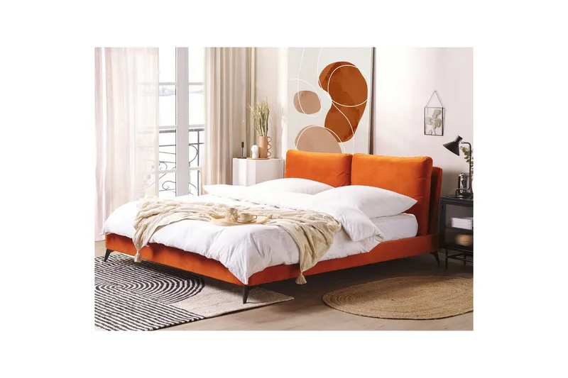 Sänky sälepohjalla Melle - Oranssi, musta/Sametti, Oranssi, musta/sametti, 180x200 cm - Huonekalut - Sänky - Sänkykehikot & sängynrungot