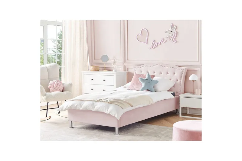 Sänky sälepohjalla Metz - Rosa, Hopea/Sametti, 90x200 cm - Huonekalut - Sänky - Sänkykehikot & sängynrungot