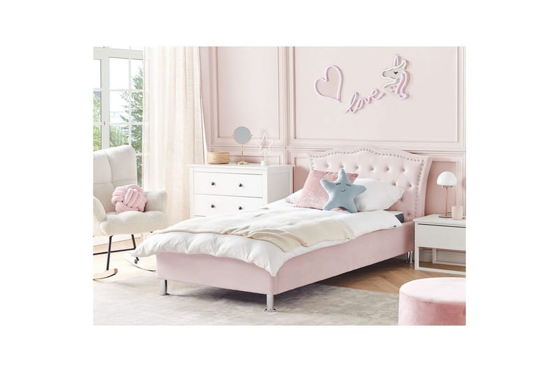 Sänky sälepohjalla Metz - Rosa, Hopea/Sametti, 90x200 cm - Huonekalut - Sänky - Sänkykehikot & sängynrungot