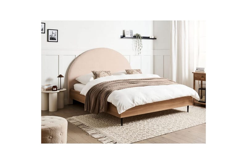Sänky sälepohjalla Millay - Beige, vaalea puu, musta/Bouclé, 160x200 cm - Huonekalut - Sänky - Sänkykehikot & sängynrungot