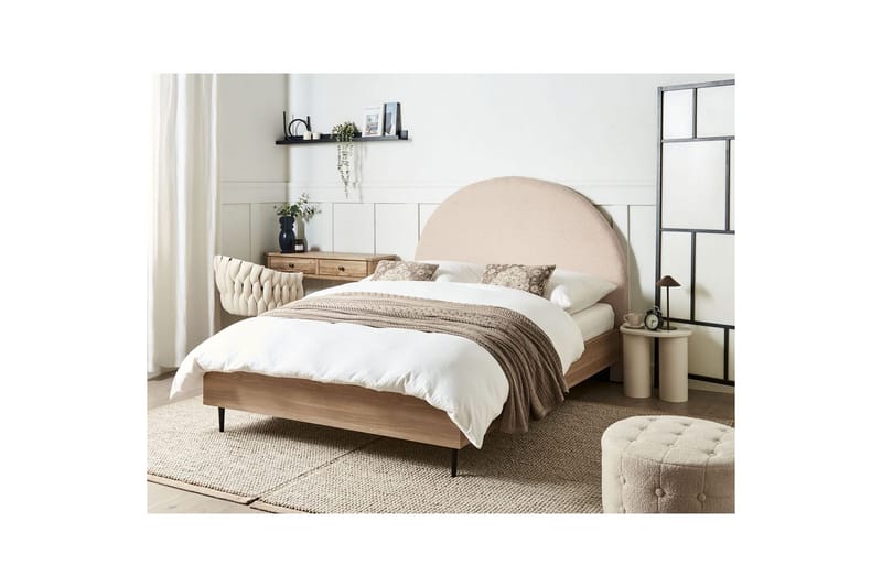 Sänky sälepohjalla Millay - Beige, vaalea puu, musta/Bouclé, 140x200 cm - Huonekalut - Sänky - Sänkykehikot & sängynrungot