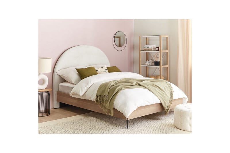 Sänky sälepohjalla Millay - Valkoinen, vaalea puu, musta/Polyesteri, Valkoinen, vaalea puu, musta/polyesteri, 140x200 cm - Huonekalut - Sänky - Sänkykehikot & sängynrungot