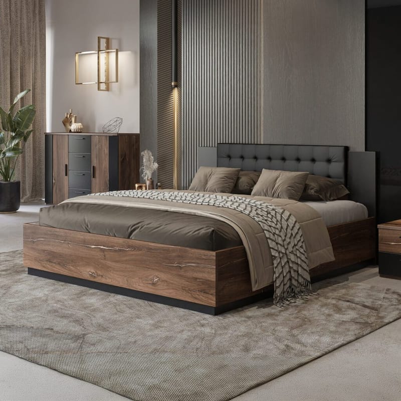 Sänky Sigma - 140 cm, Tumma Flagstaff-tammi kuparinvärisellä koristeella - Huonekalut - Sänky - Sänkykehikot & sängynrungot