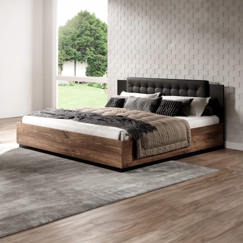 Sänky Sigma kaasunostolla ja säilytyslaatikolla, 180 cm, Tumma Flagstaff-tammi kuparinvärisellä koristeella