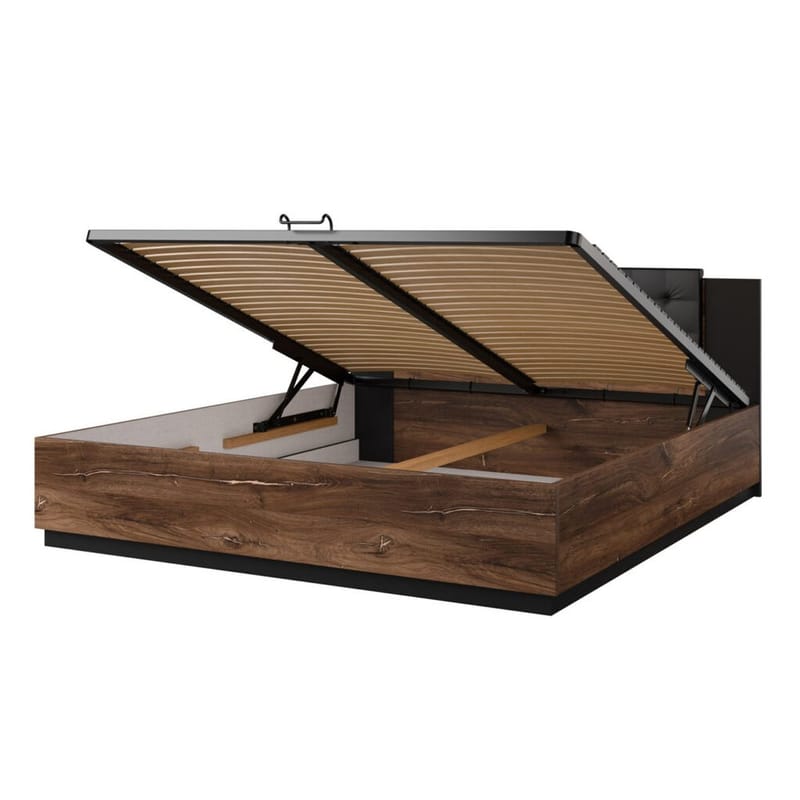 Sänky Sigma kaasunostolla ja säilytyslaatikolla - 180 cm, Tumma Flagstaff-tammi kuparinvärisellä koristeella - Huonekalut - Sänky - Sänkykehikot & sängynrungot